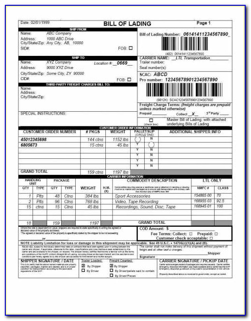 Straight Bill Of Lading Short Form Original Not Negotiable And