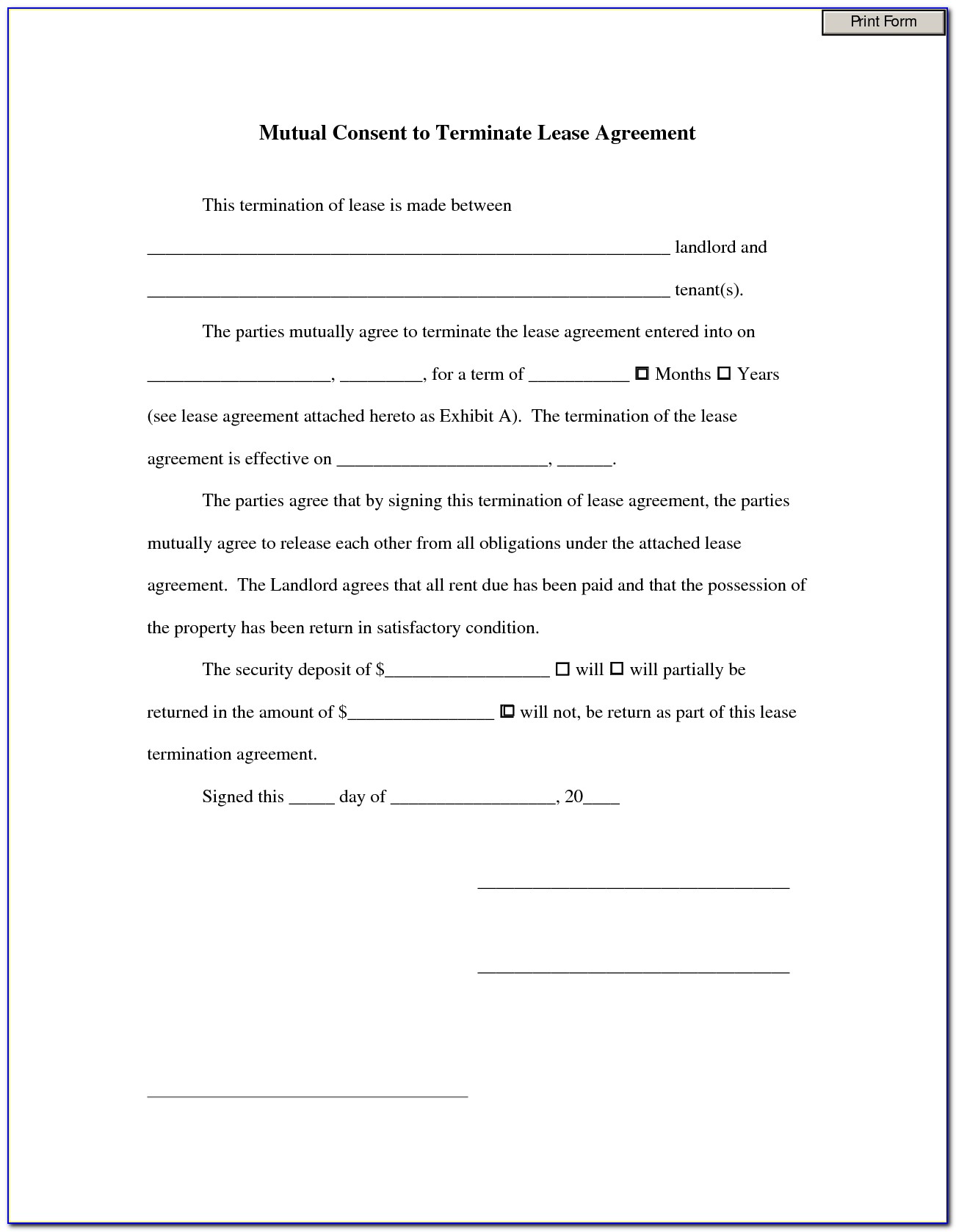 Termination Of Rental Agreement Form