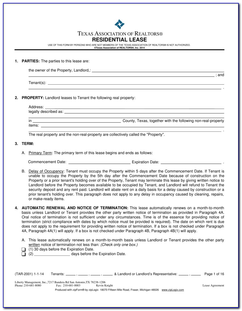 Texas Residential Lease Agreement Short Form