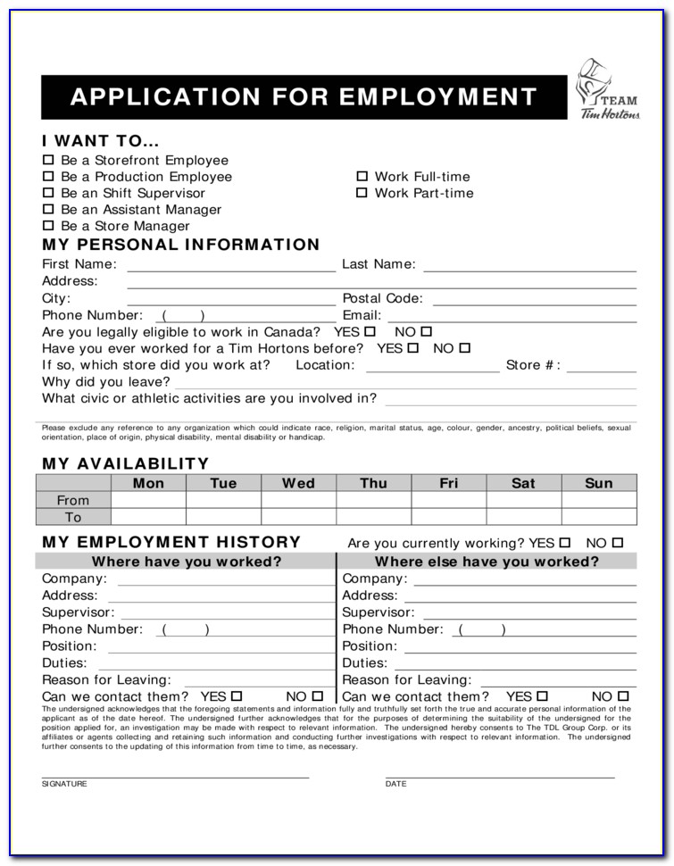 Tim Hortons Job Application Form Pdf Canada