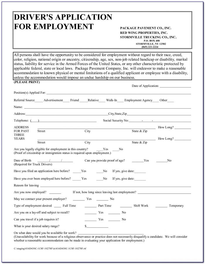 Truck Driver Job Application Form Pdf