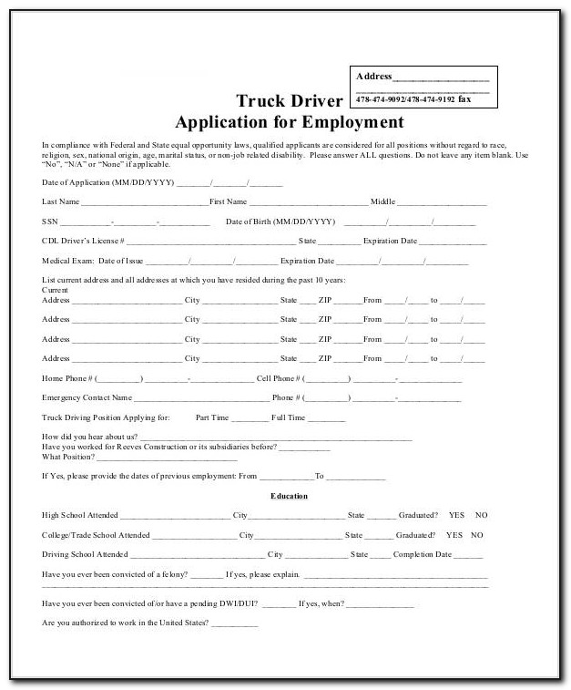 Truck Driver Job Application Form