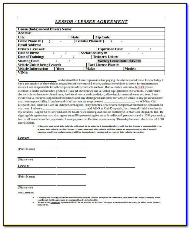 Truck Rental Lease Agreement Form
