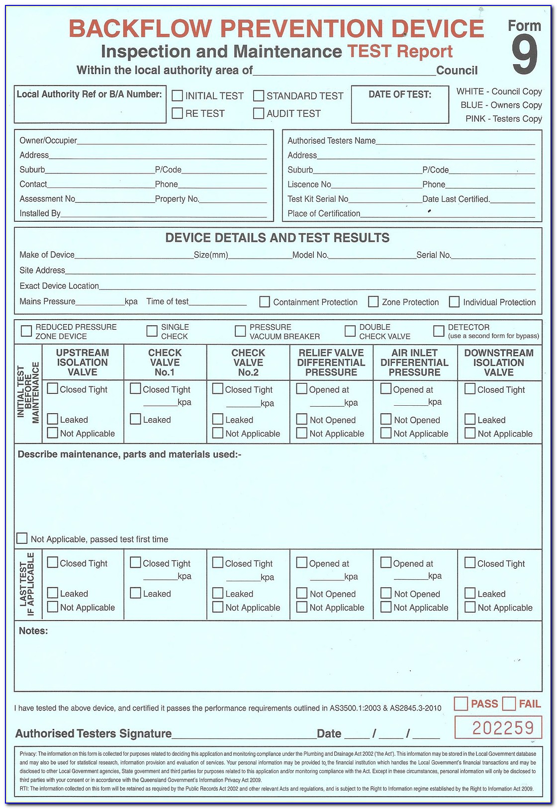 Utah Backflow Test Report Form
