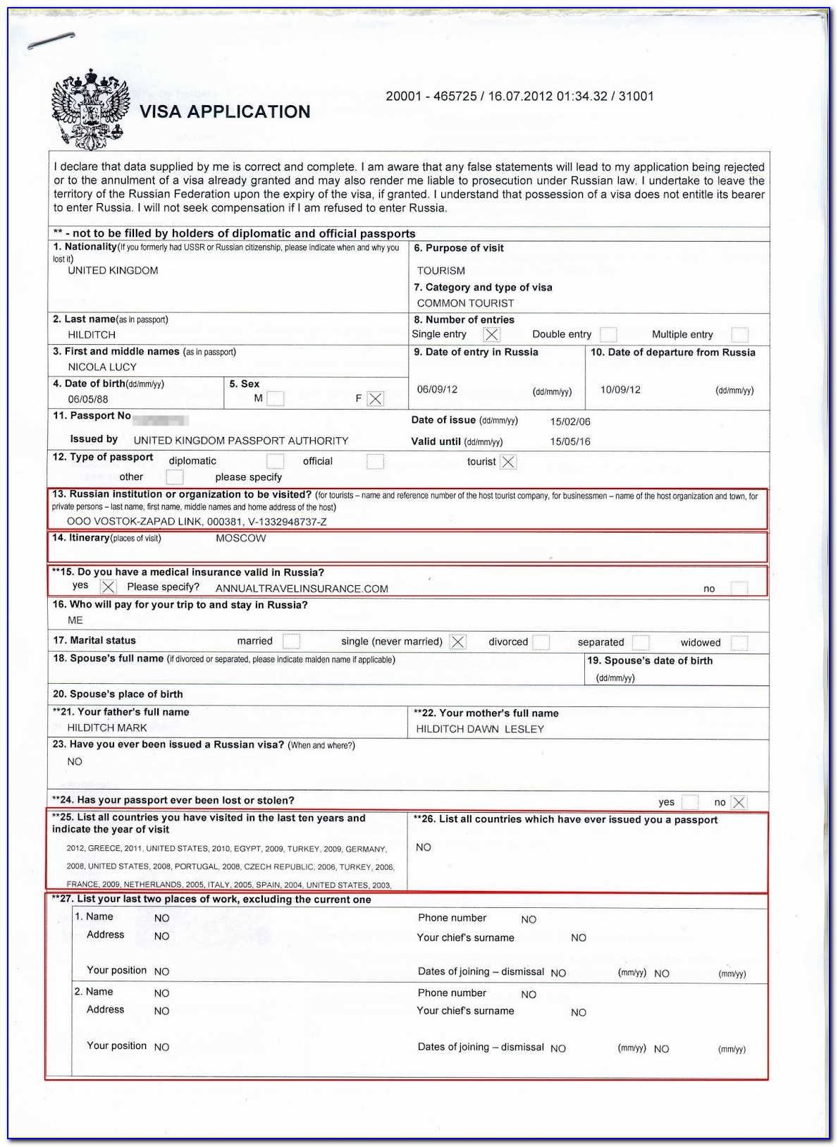 Visa Application Form Russian Embassy