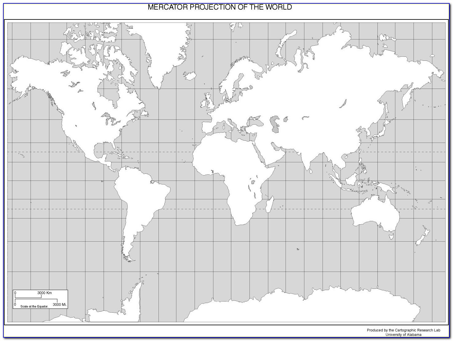 World Mercator Projection Map With Country Outlines Answers