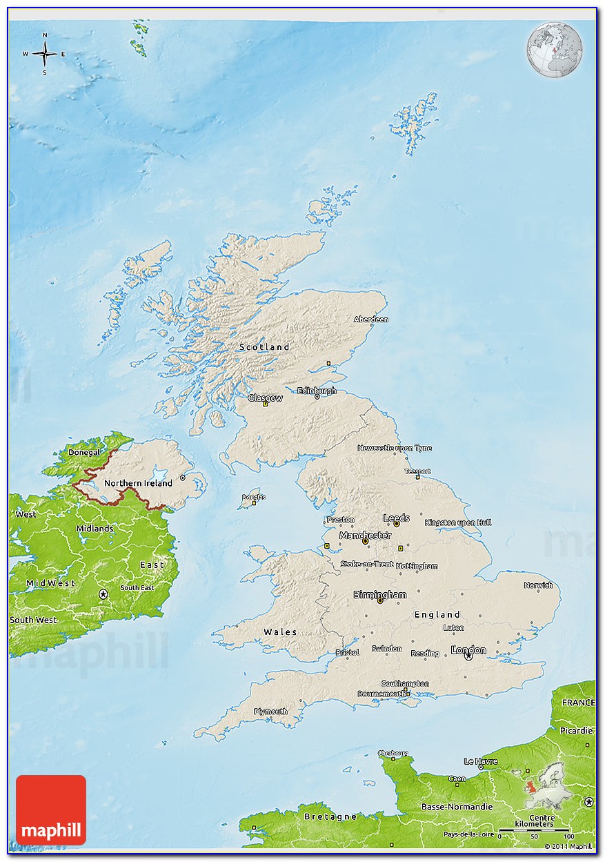 Shaded Relief 3d Map Of United Kingdom, Physical Outside.