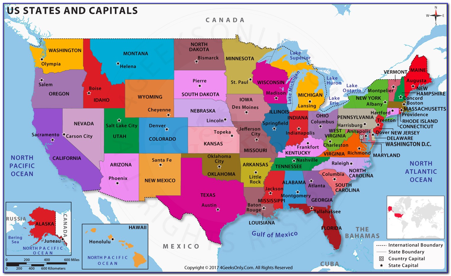 A Map Of The United States With State Names And Capitals