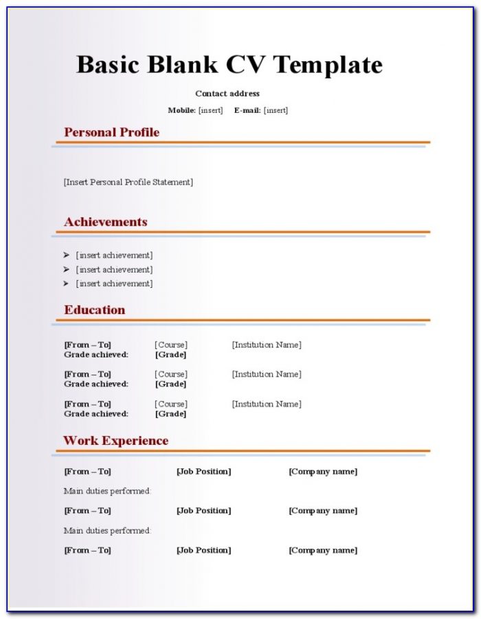 Resume Template Free Fill In Basic Blank Cv Resume Template For Pertaining To Blank Basic Resume Template