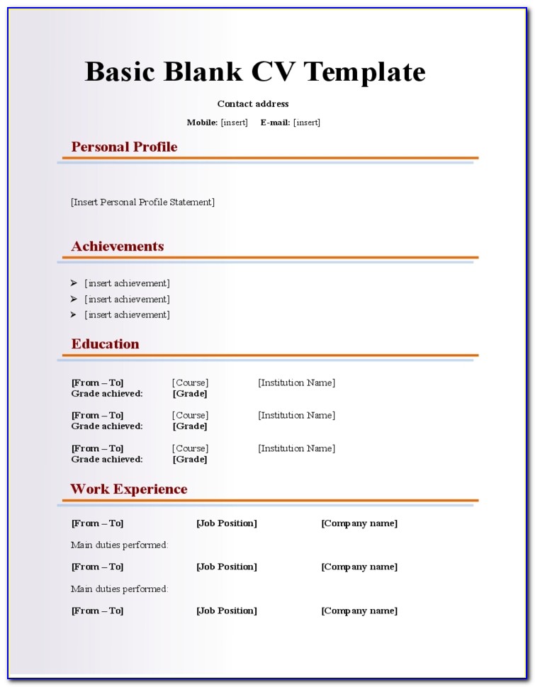 Resume Template Free Fill In Basic Blank Cv Resume Template For Pertaining To Blank Basic Resume Template