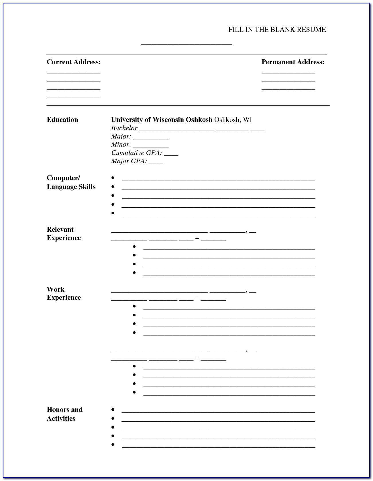 Fill In The Blank Resume Printable