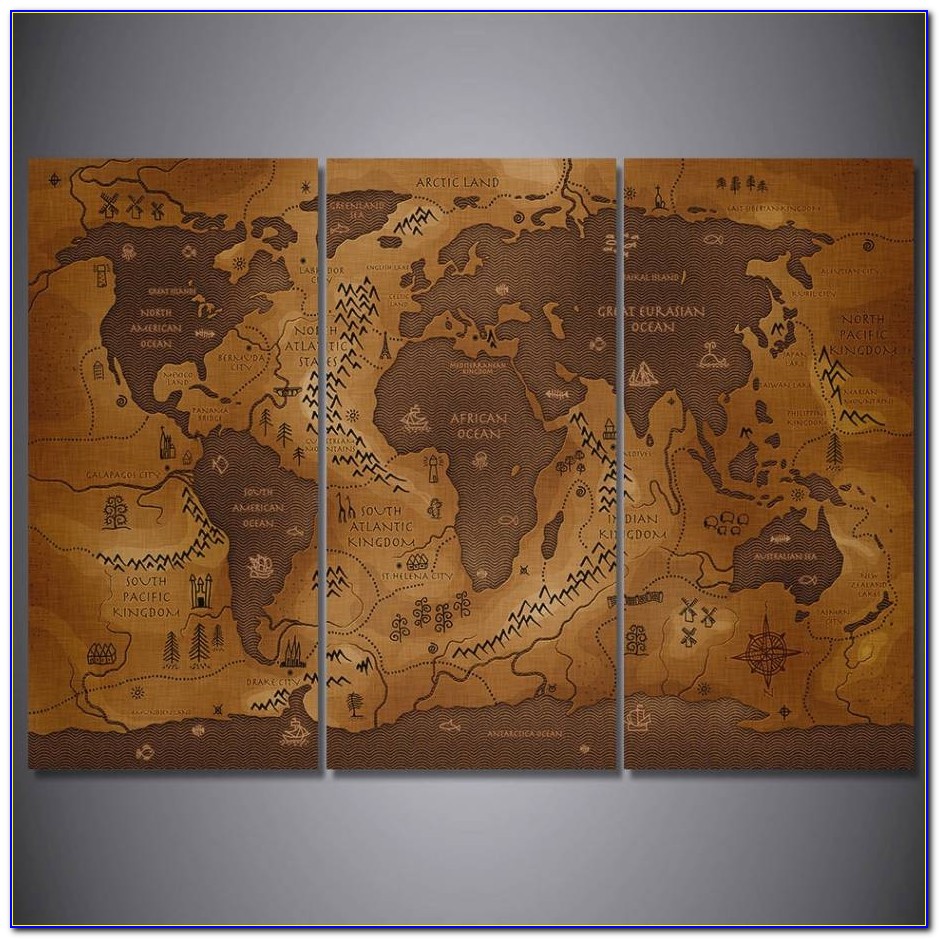 3 Pcs/set Framed Hd Printed Vintage World Map Poster Wall Art ... Within Framed World Map Painting