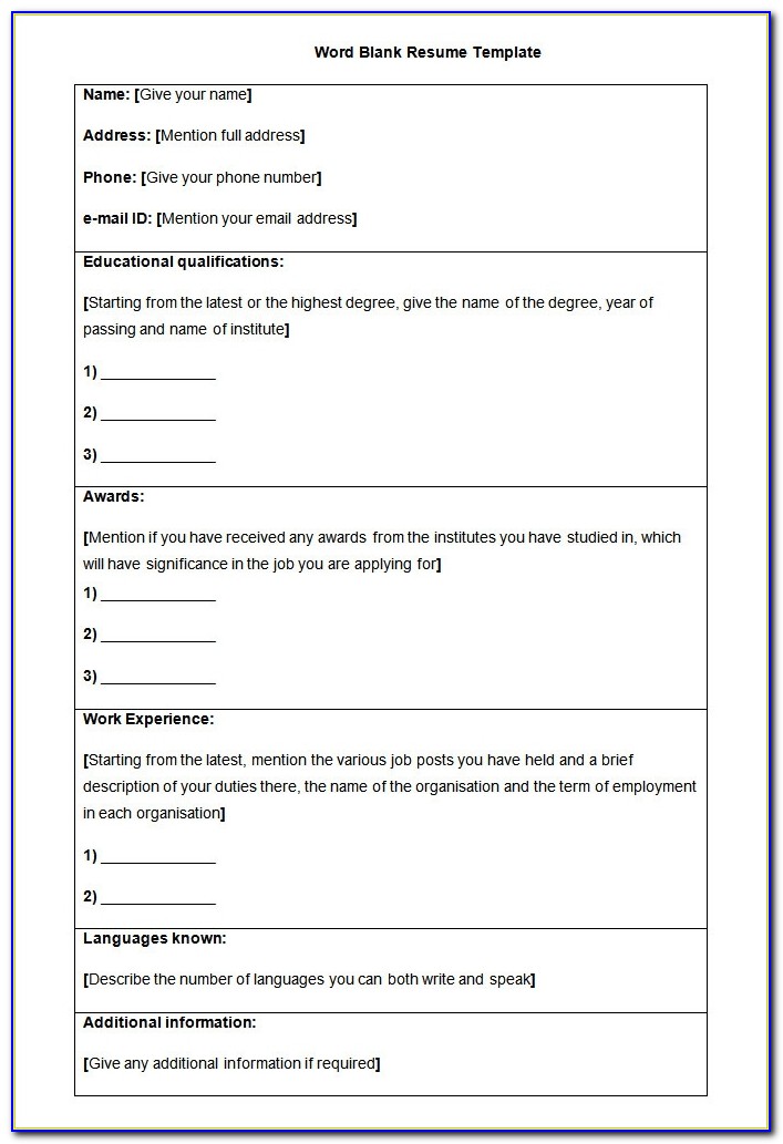 Free Blank Resume Templates Printable