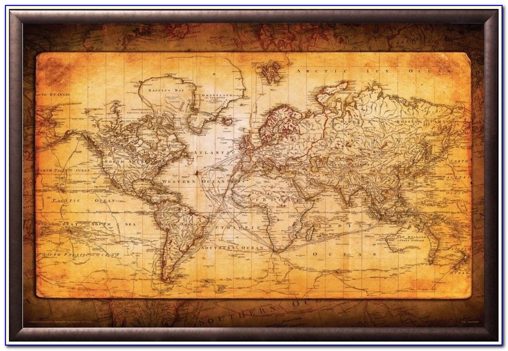 Framed Old World Map Framed World Map Antique Antique Amber Premium Wood