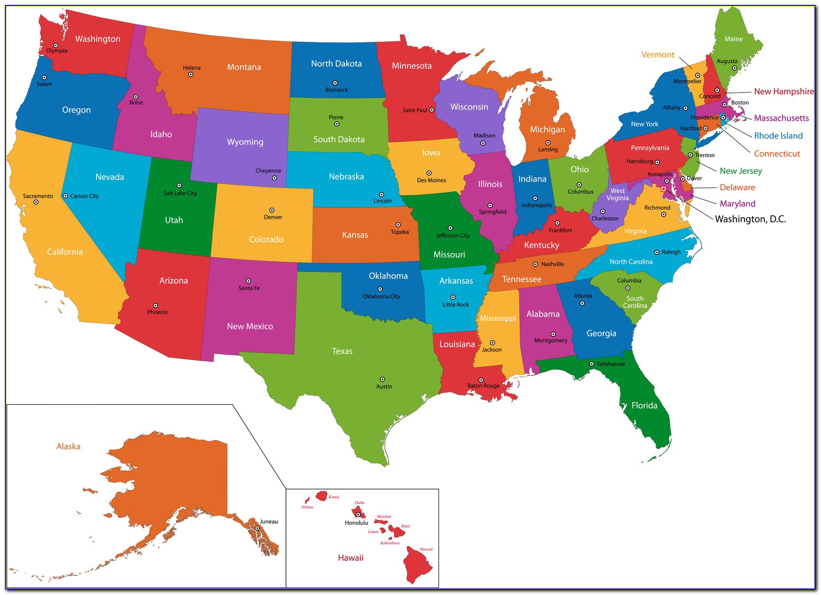 Colorful Usa Map With States And Capital Cities