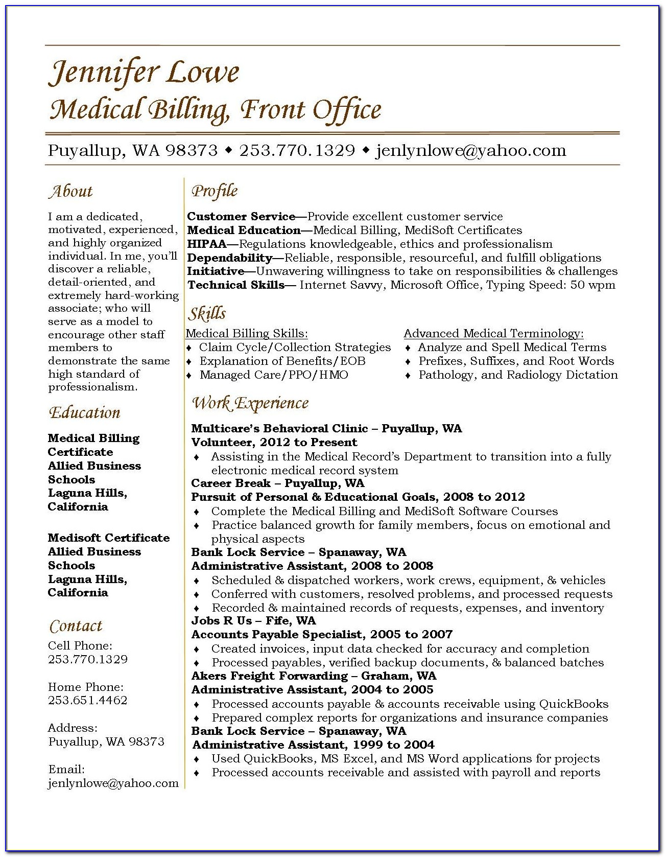 Medical Billing And Coding Resume Qualifications