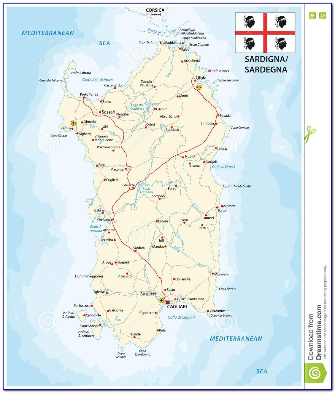 Road Map Of Sardinia Italy