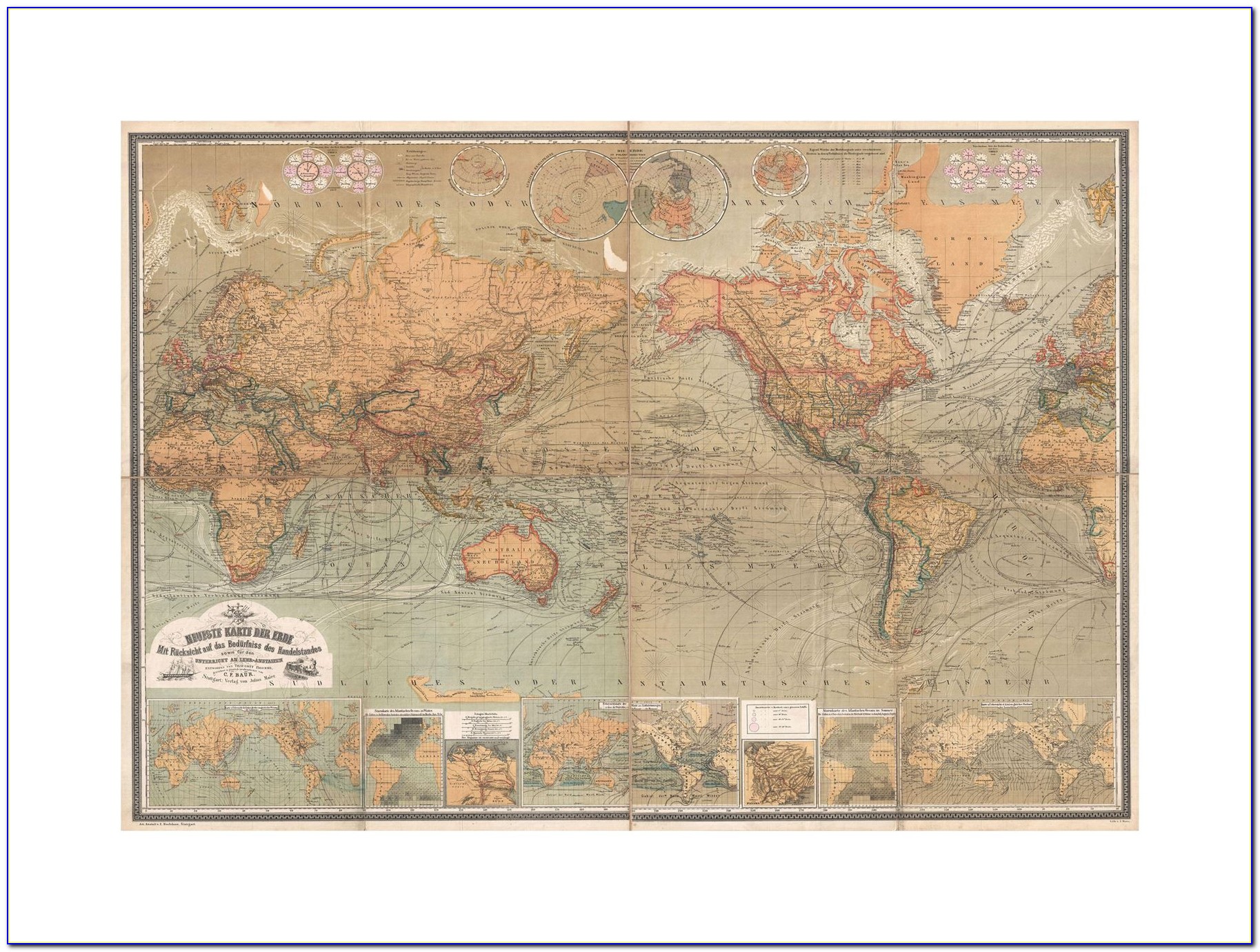 Framed Old World Map Map Antique Baur Bromme World Atlas Framed Print F12x3470