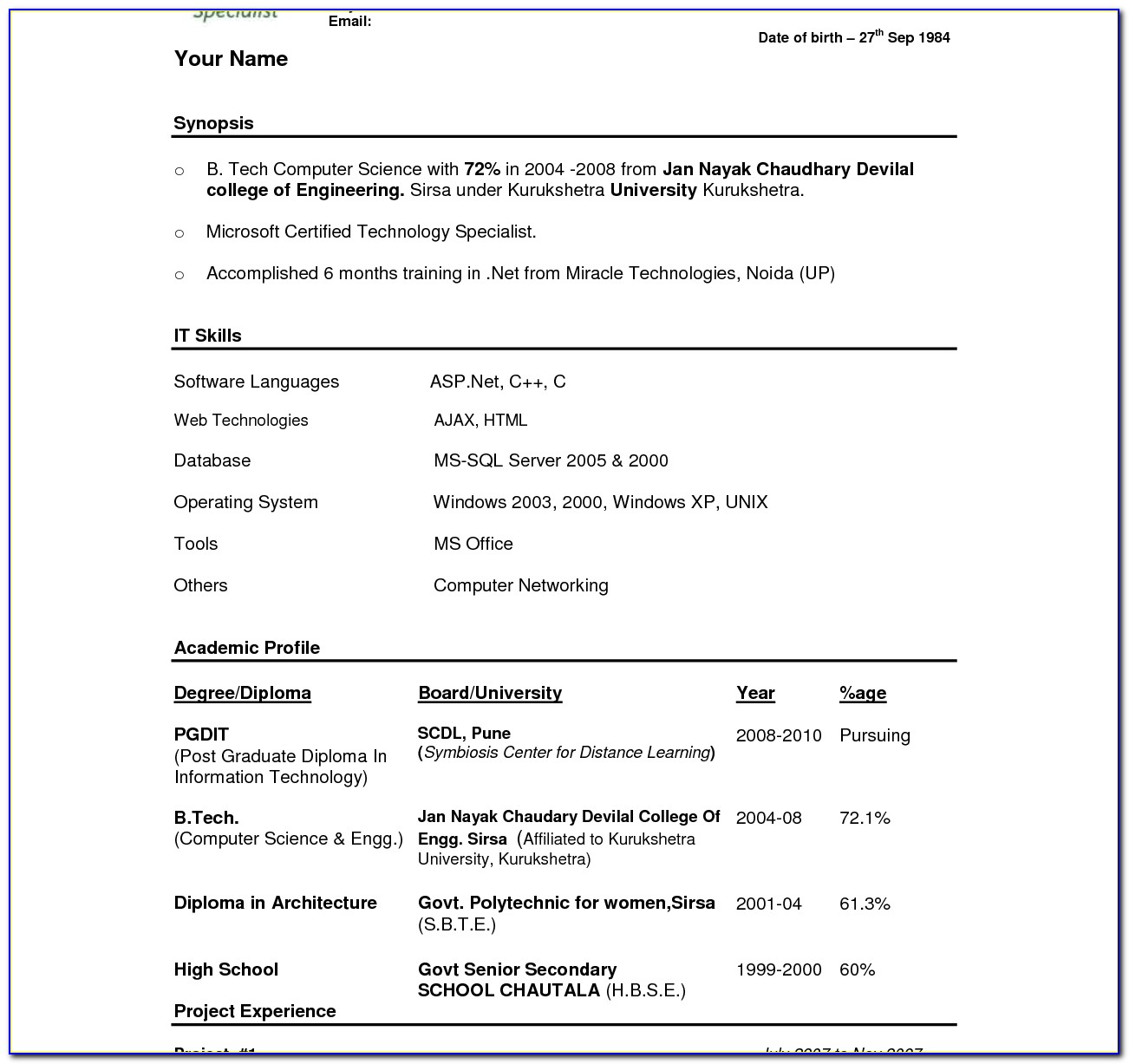 Best Resume Format For Freshers Free Download Pdf
