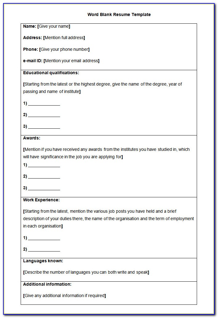 Blank Format For Resume