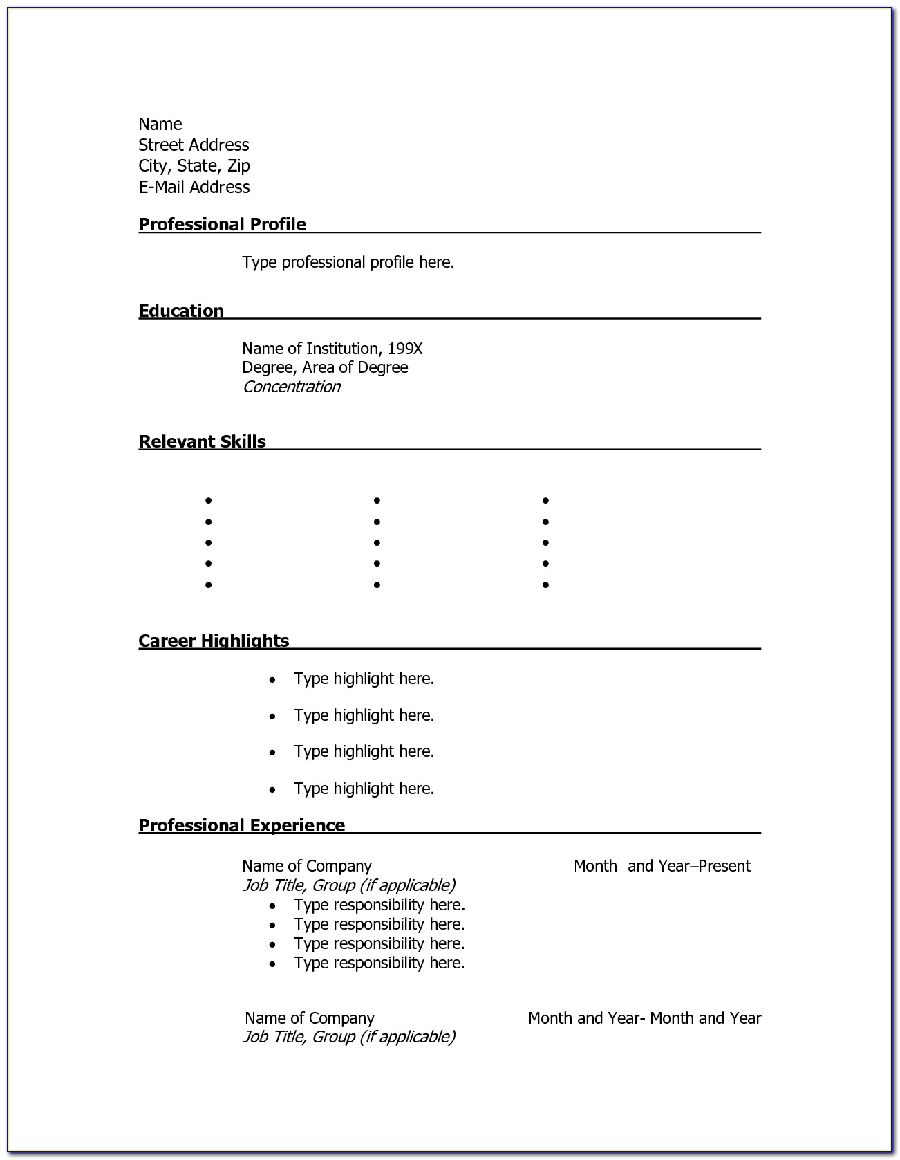 Blank Printable Resume Outline