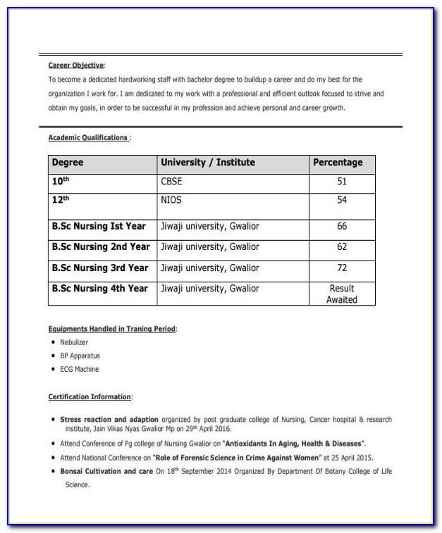 Bsc Nursing Resume Format For Freshers