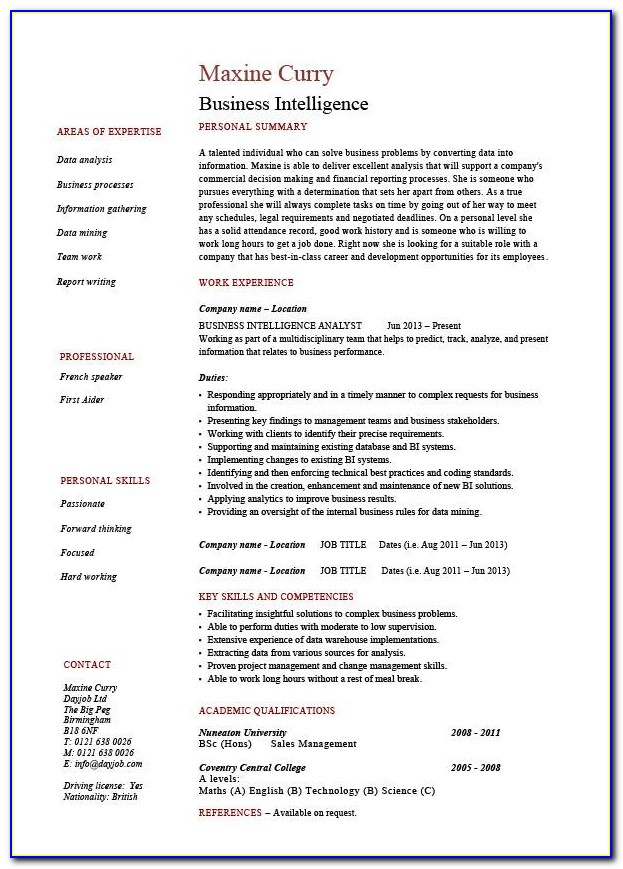Business Intelligence Analyst Sample Resume