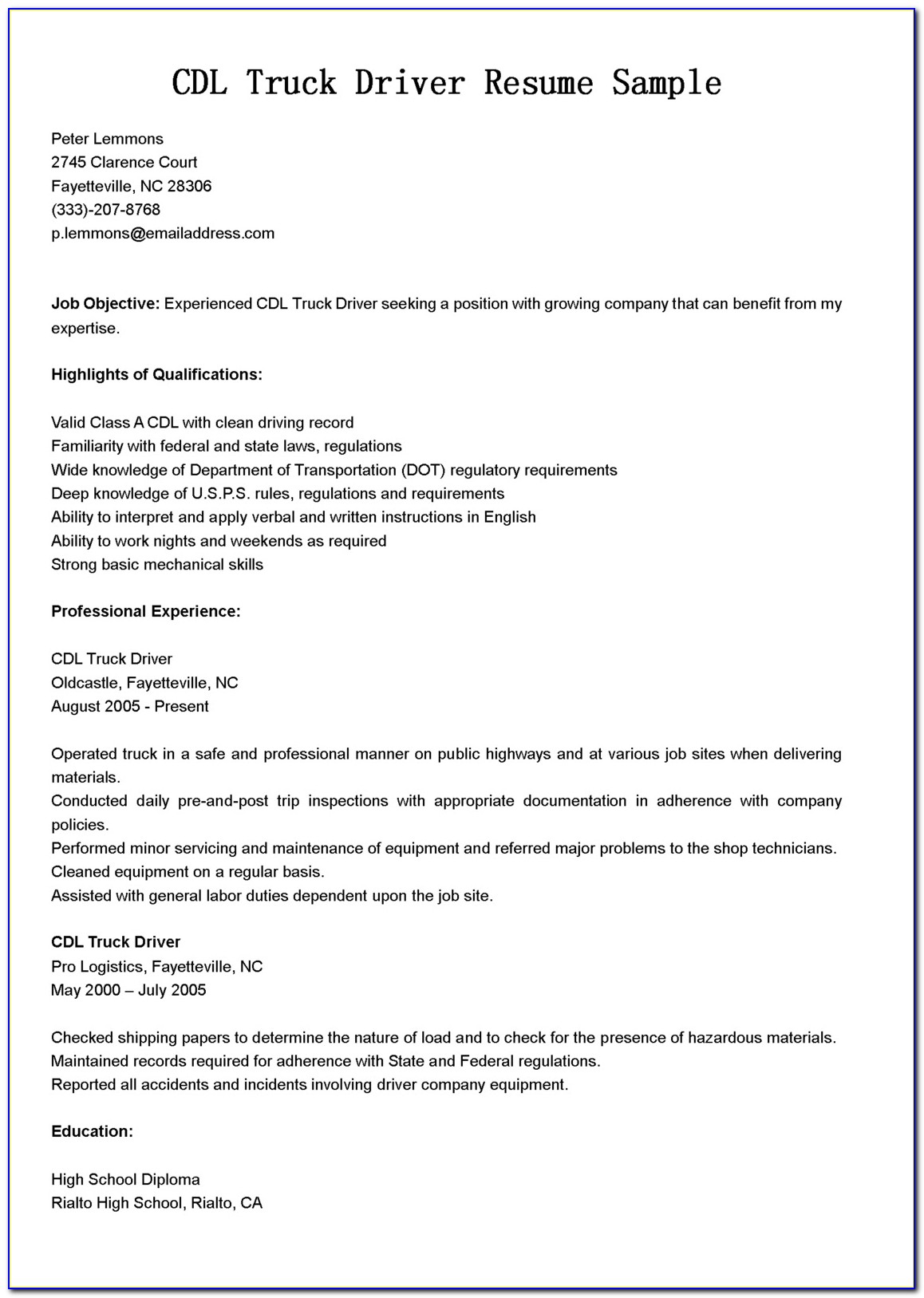 Cdl Truck Driver Job Description For Resume