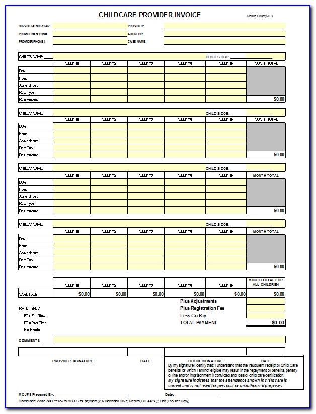 Child Care Invoice Template Excel