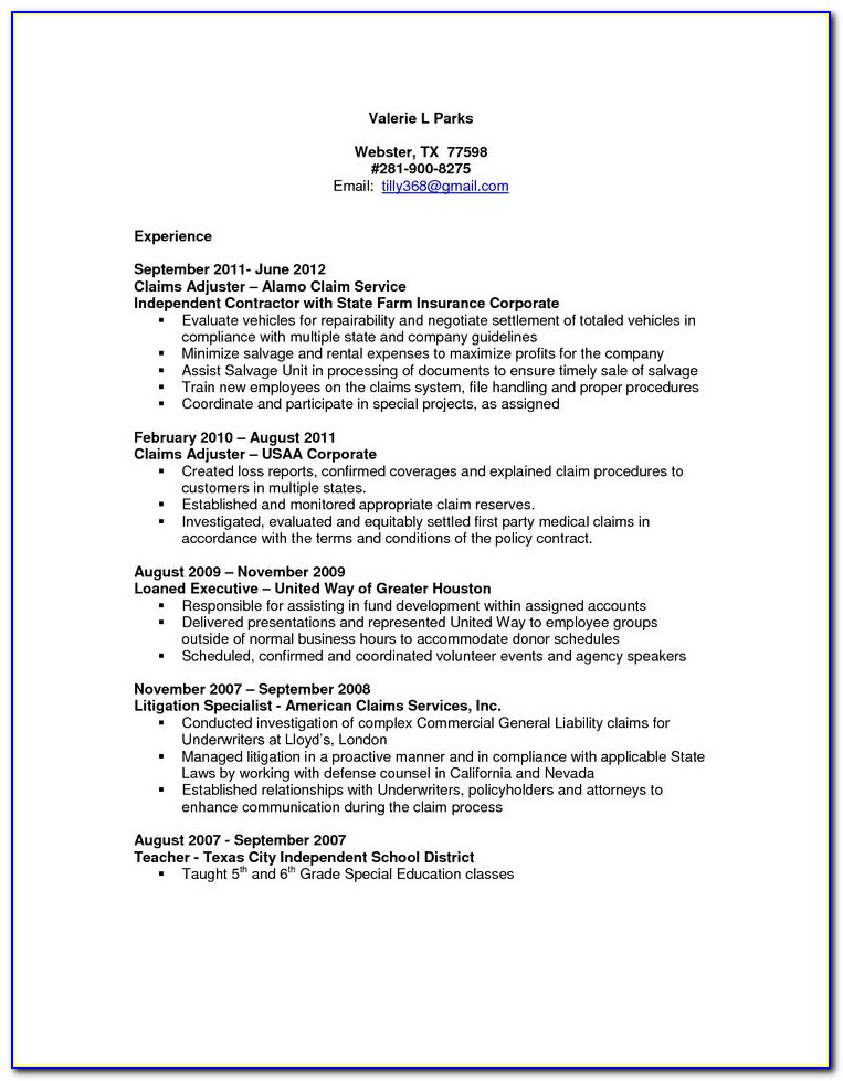 Claims Adjuster Resume Template
