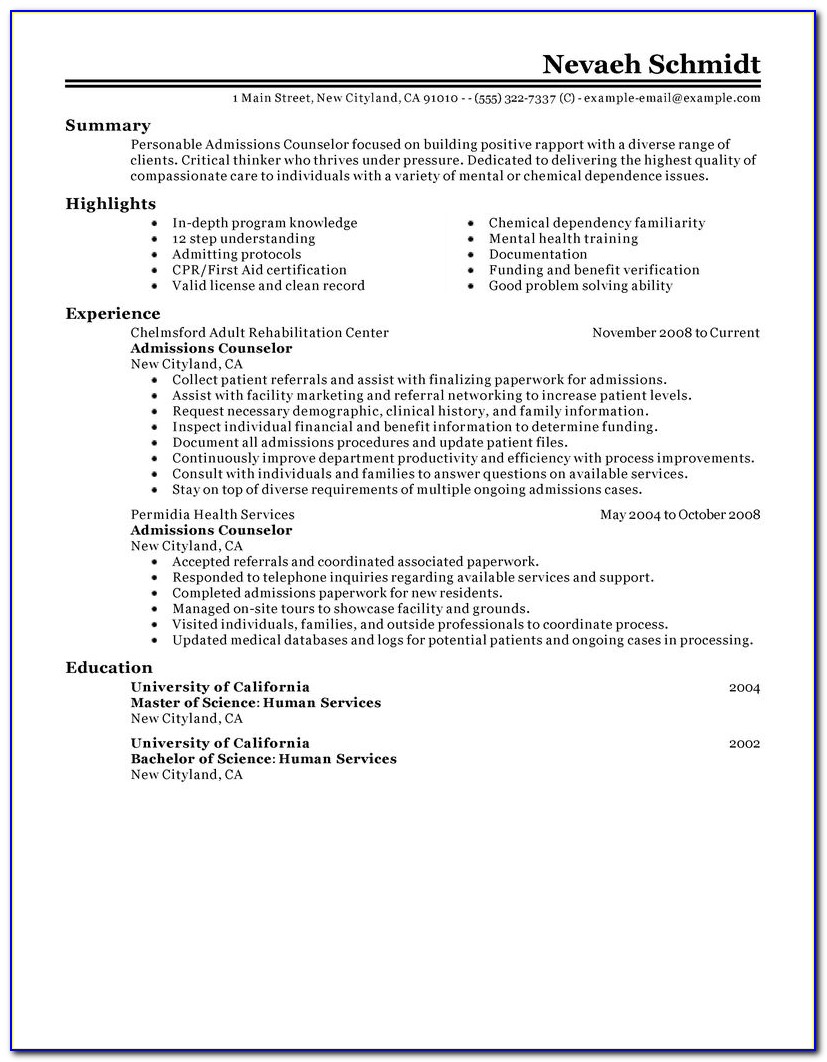 College Admissions Counselor Resume Sample