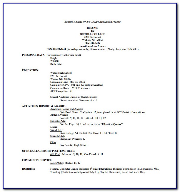 College Application Resume Template Free