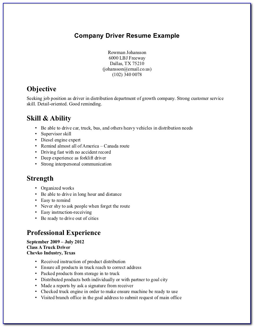 Company Driver Job Description Resume