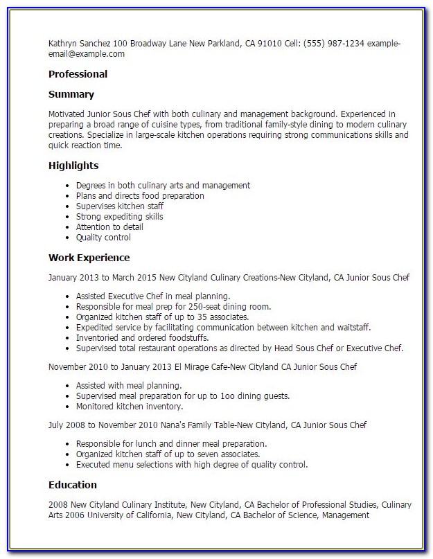 Cv Template For Commis Chef