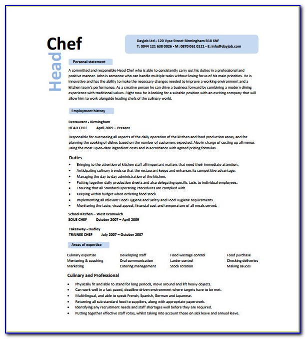 Cv Template Word For Chef
