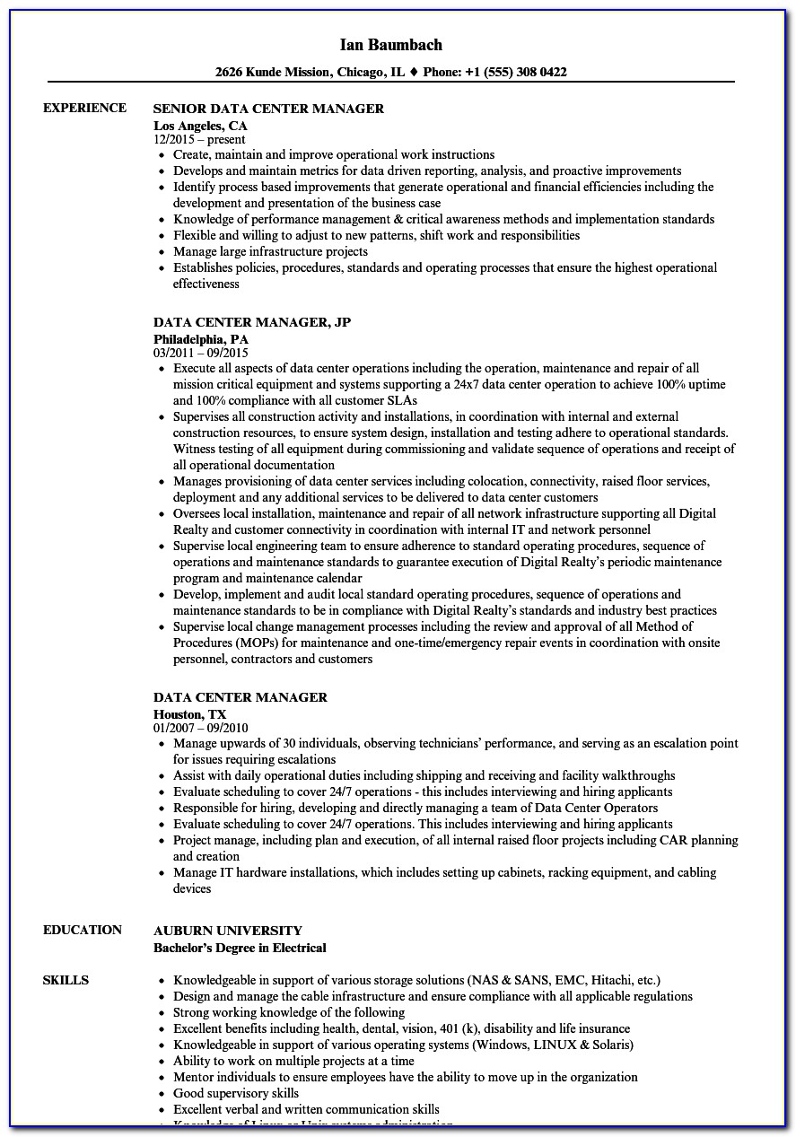 Data Center Project Manager Resume Sample