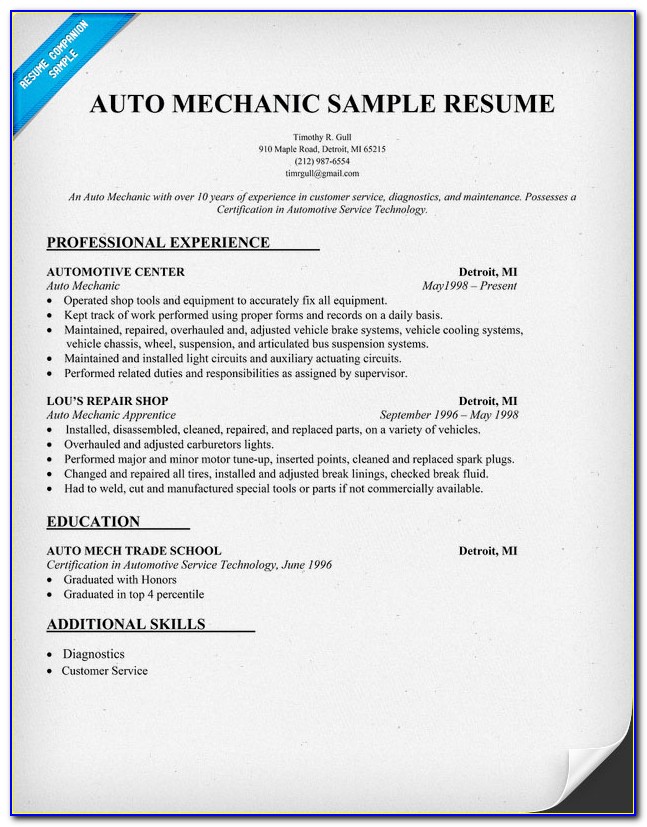 Entry Level Automotive Technician Resume Template