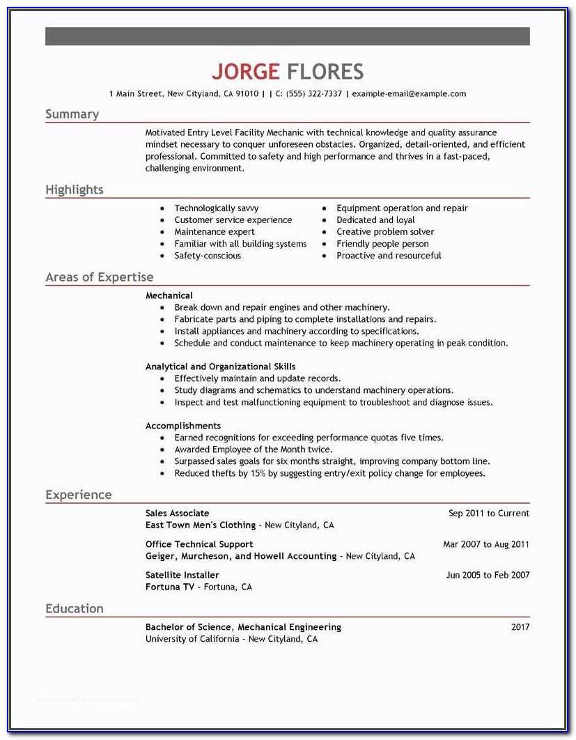 Beginner Resume And Best Entry Level Mechanic Resume Example