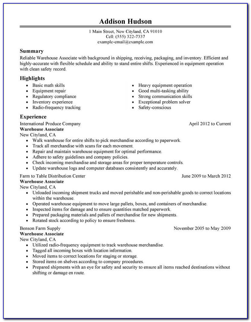 Example Of Warehouse Resume