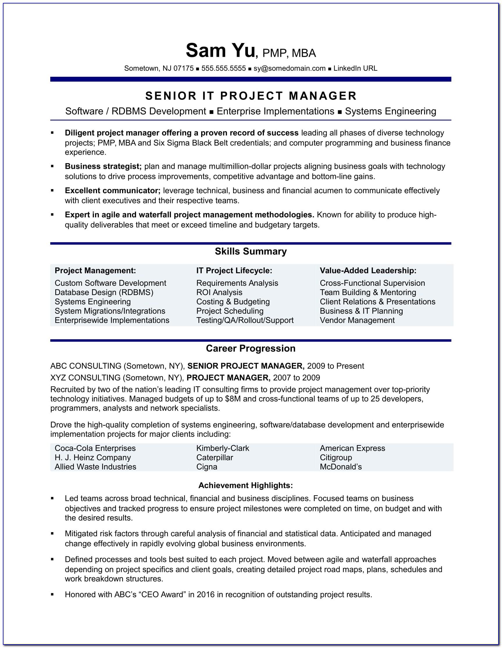 Example Resumes For Project Managers