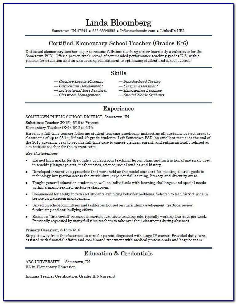 Experienced Elementary Teacher Resume Template