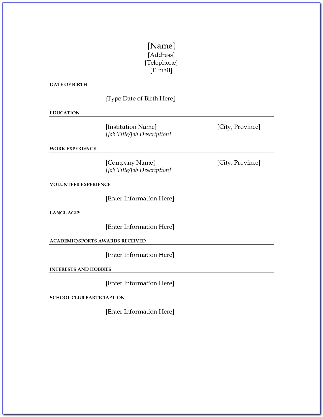 Fill In The Blank Resume Template For Highschool Students