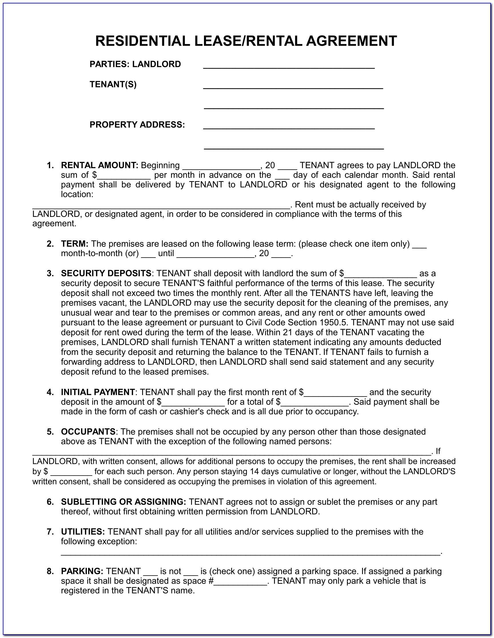 Florida Residential Lease Agreement Template Free