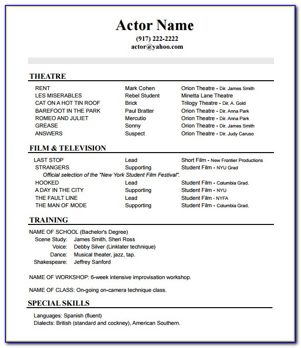 Free Acting Resume Template Word
