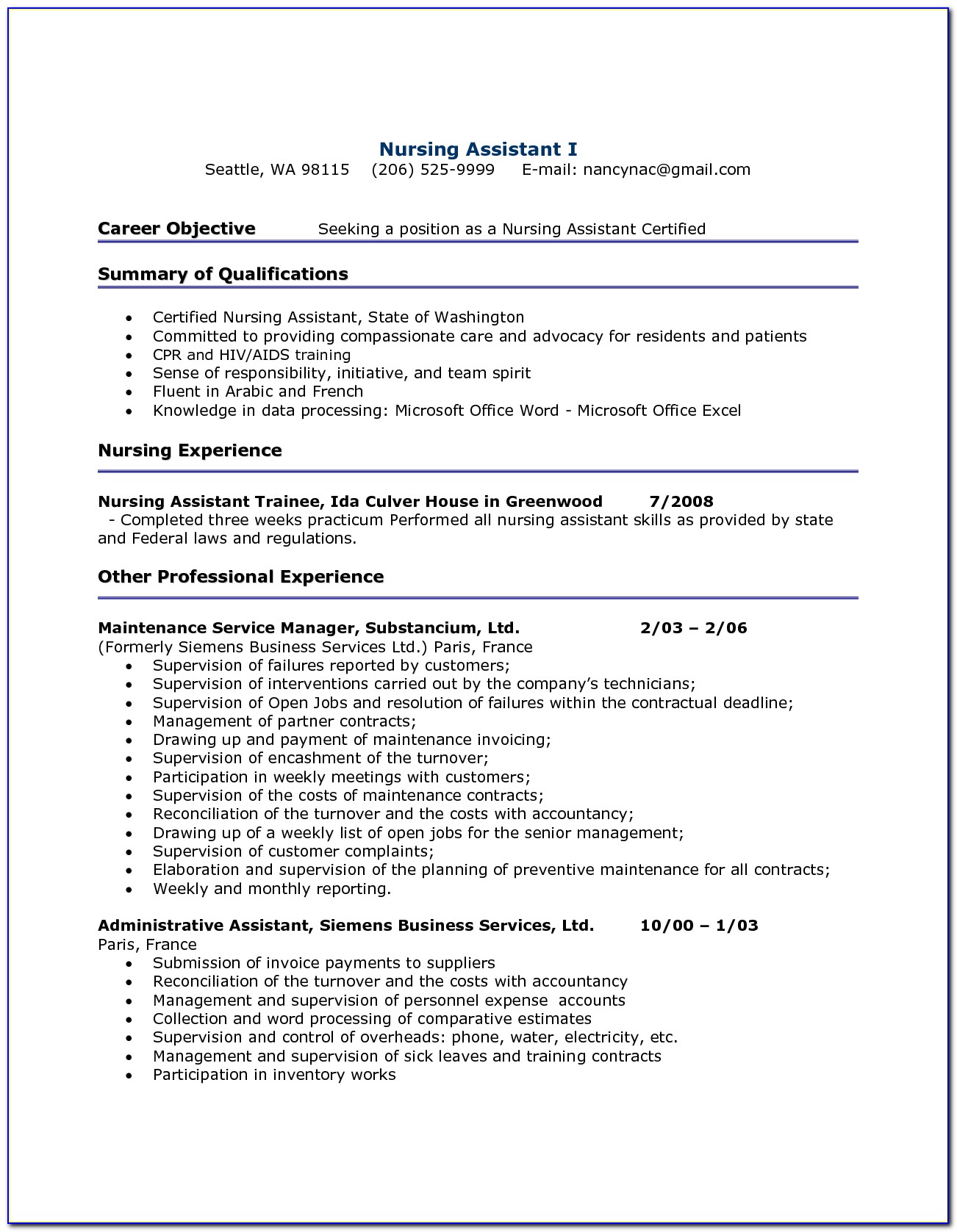 Free Printable Cna Resume