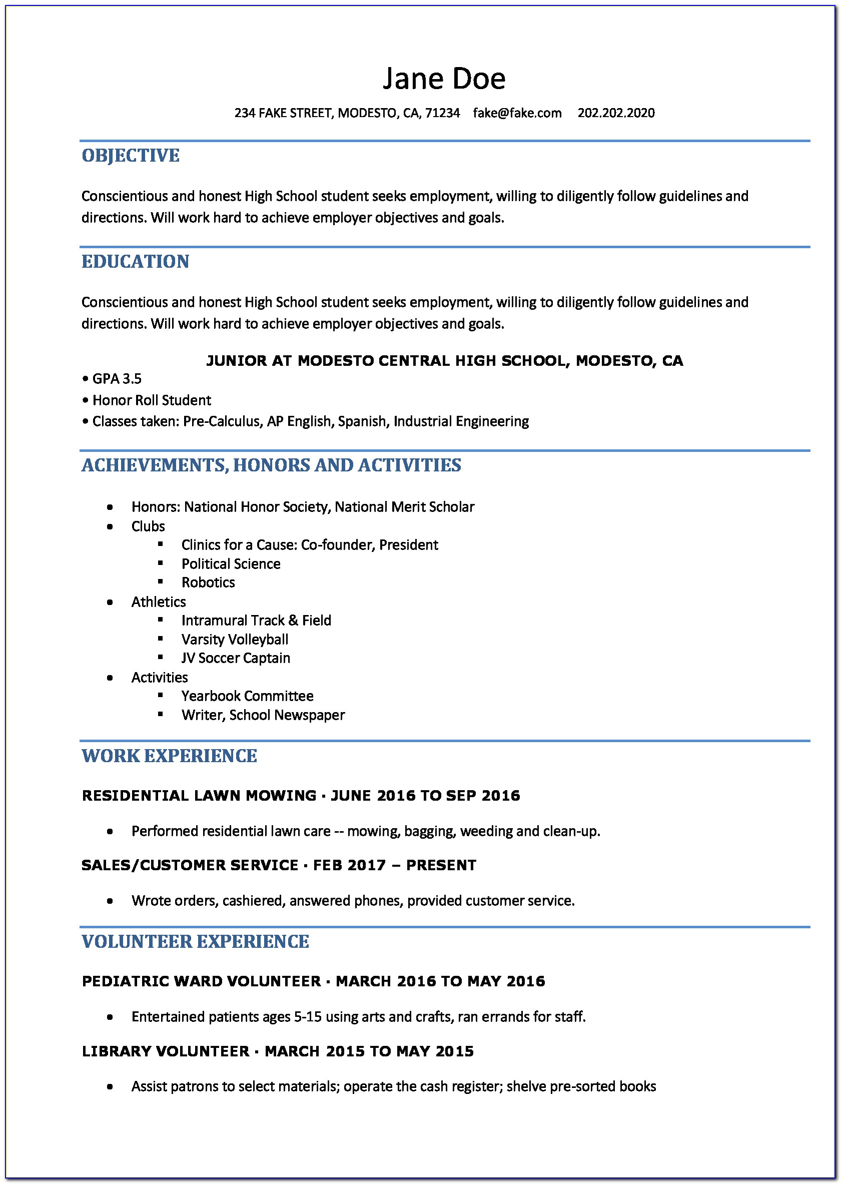 Free Printable Resume Template For Highschool Students
