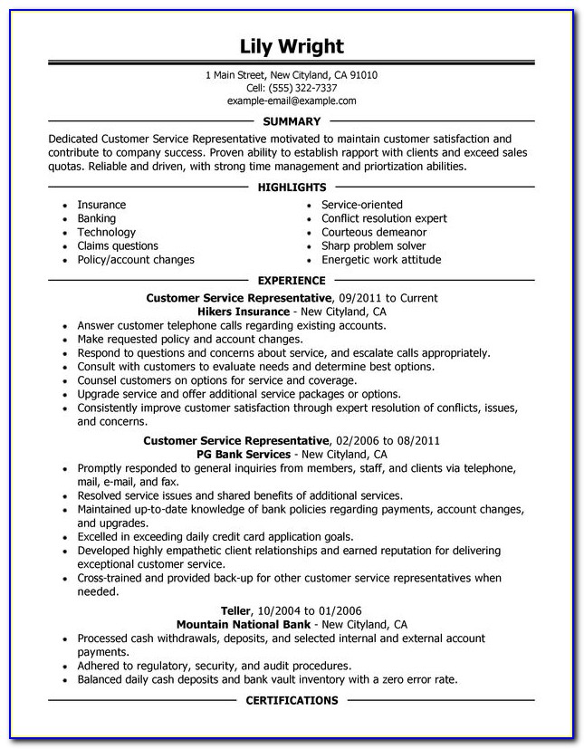 Free Resume Examples For Customer Service