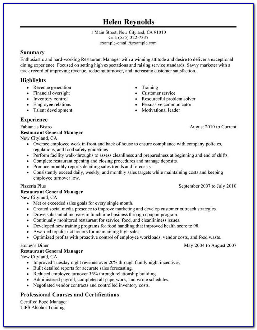 Free Resume Templates For Restaurant Manager