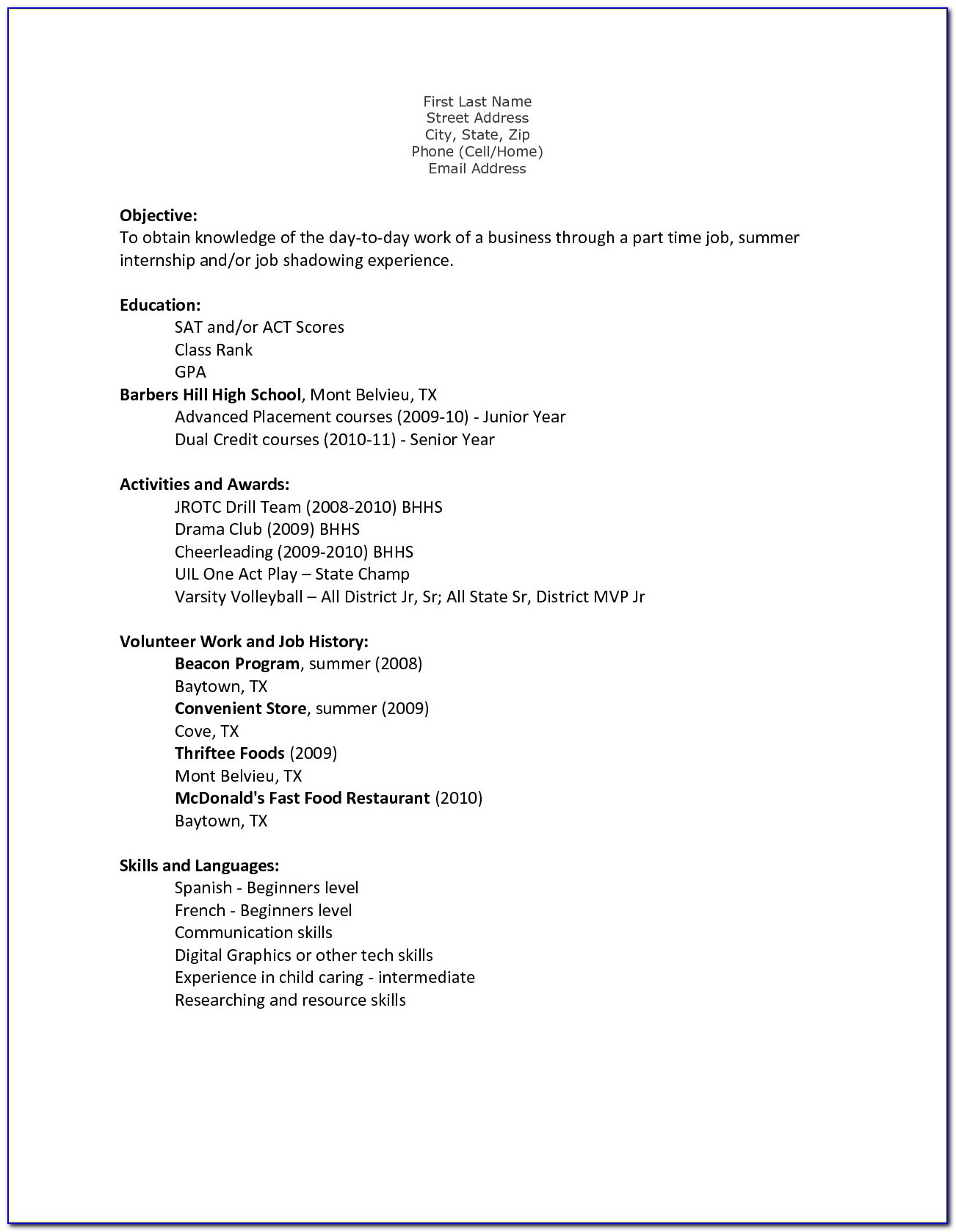 Free Resume Templates For Teenager