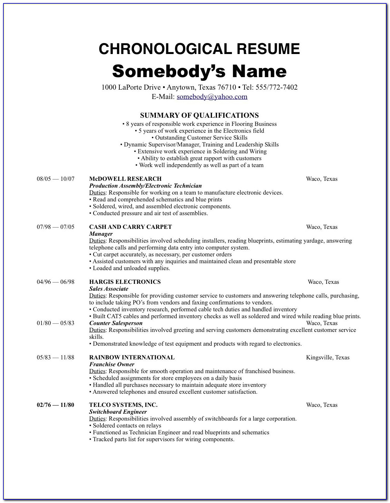 Free Sample Chronological Resume Format